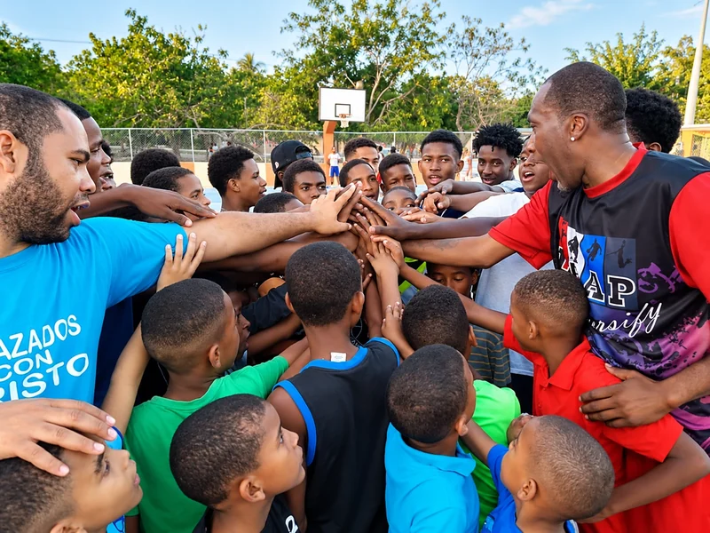 Cory McGee and young athletes put their hands together in a team huddle at an N' Between Dreams youth basketball program