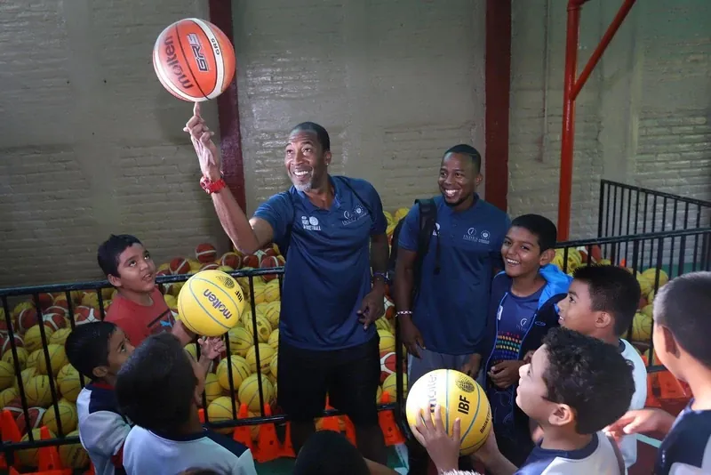 Cory McGee leading a youth basketball clinic